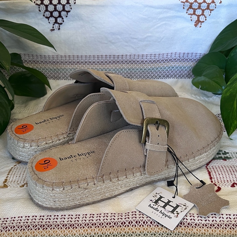 NEW Haute Hippie Aria 100% Suede Buckle Espadrille Tan Slip-On Mule Clogs US 9.5 - Picture 6 of 15